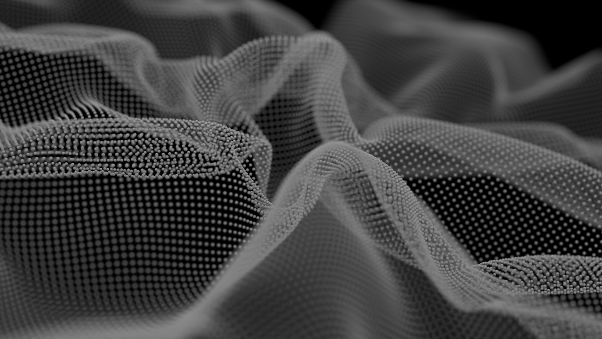 Abstract white mesh undulating over dark background, visualizing the splat-based rendering approach